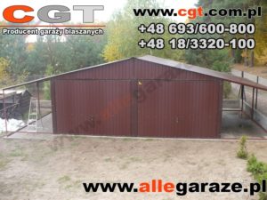 Garaż blaszany 6x5 brązowy RAL 8017 z zadaszeniem brama uchylna