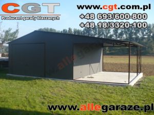Garaż blaszany 5x5 grafit RAL 7024 z zadaszeniem 3x5 brama uchylna