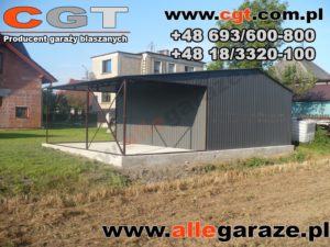 Garaż blaszany 5x5 grafit RAL 7024 z zadaszeniem 3x5 brama uchylna